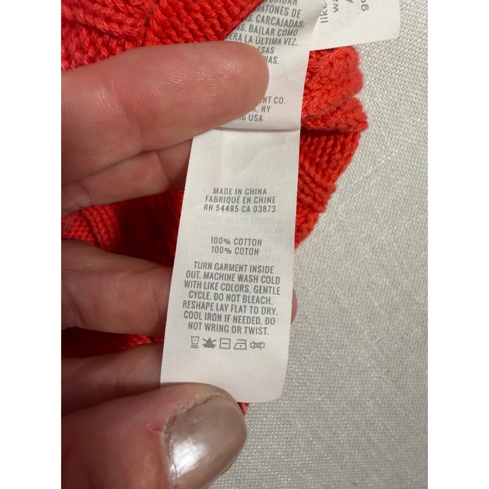 Aerie Women XL Coral Orange Cable Knit Cropped Sweater 100% Cotton Long Sleeve